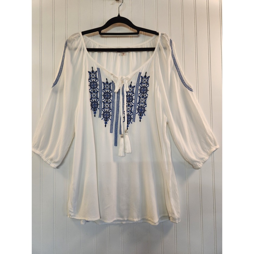 Women's White Blue Embroidered Cold Shoulder Peasant Tunic‎ Top Size XL Flowy
